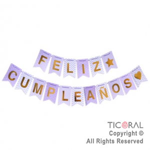 BANDERIN FELIZ CUMPLEAOS DISEOS TONOS DOBLE LILA Y VIOLETA x 1